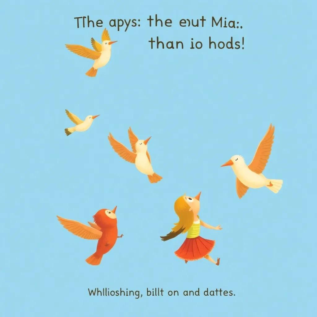 The birds flying away into the blue sky, looking back at Mia with gratitude, warm colors, feeling of adventure, playful and joyful