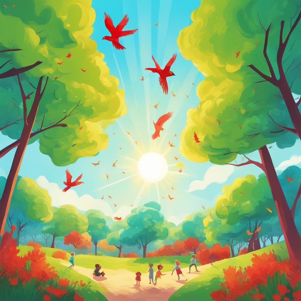 A colorful park filled with bright green trees, red birds flying in the blue sky above, sun shining down, cheerful scene, digital art, vibrant colors, warm light, high quality