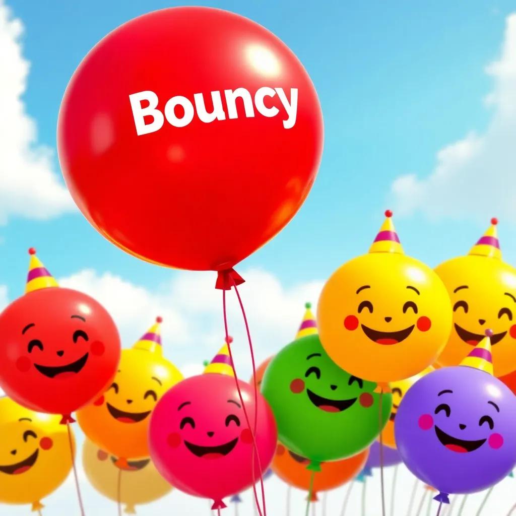 A group of joyful balloons with happy faces, wearing tiny party hats, floating in the sky, colorful and vibrant, with a shiny red leader balloon named Bouncy, playful and bright, cartoon style, cheerful