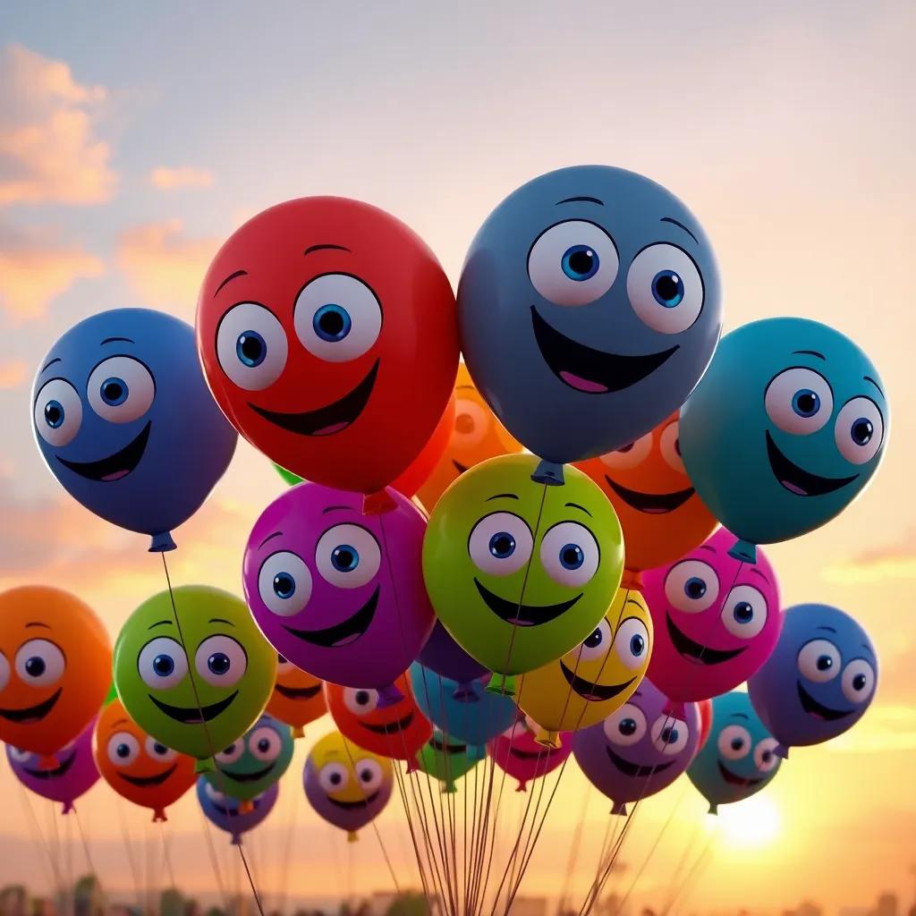 A parade of colorful balloons with big, friendly eyes, gathering together, dancing through the air against a sunset backdrop, full of life and energy, whimsical illustration, bright colors