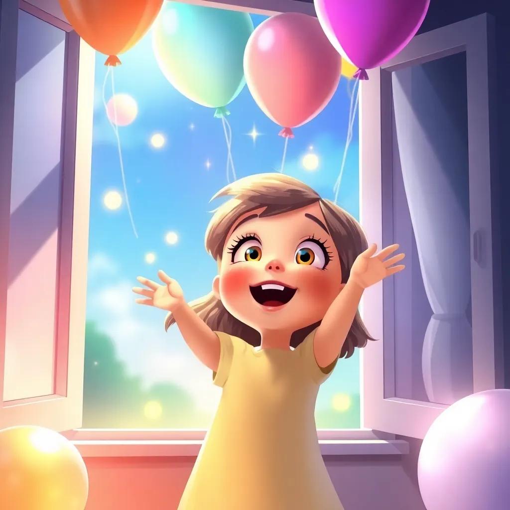 A little girl, Lily, surprised and joyful as the balloons float through her open window, filling her room with light, colorful and magical atmosphere, joyful expression, digital painting, high quality