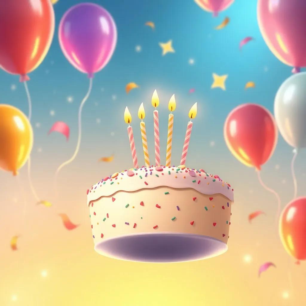 A beautiful decorated birthday cake with sprinkles and candles, floating gently in the air surrounded by joyful balloons, warm light emanating, magical setting, cute art style, bright and cheerful
