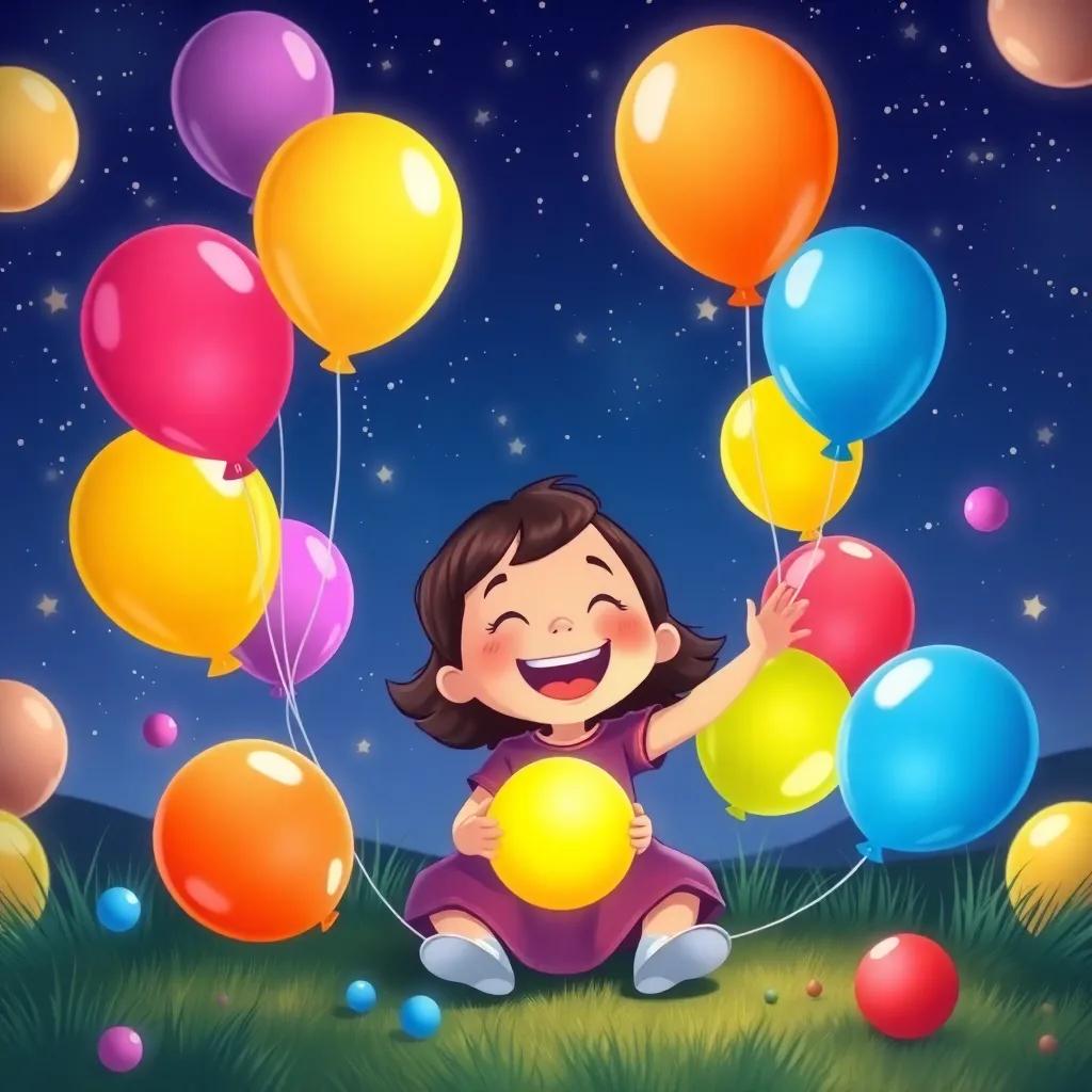 A little girl, Lily, playing games with colorful balloons, laughter and joy all around, under the night sky filled with stars, heartwarming and playful, colorful illustration