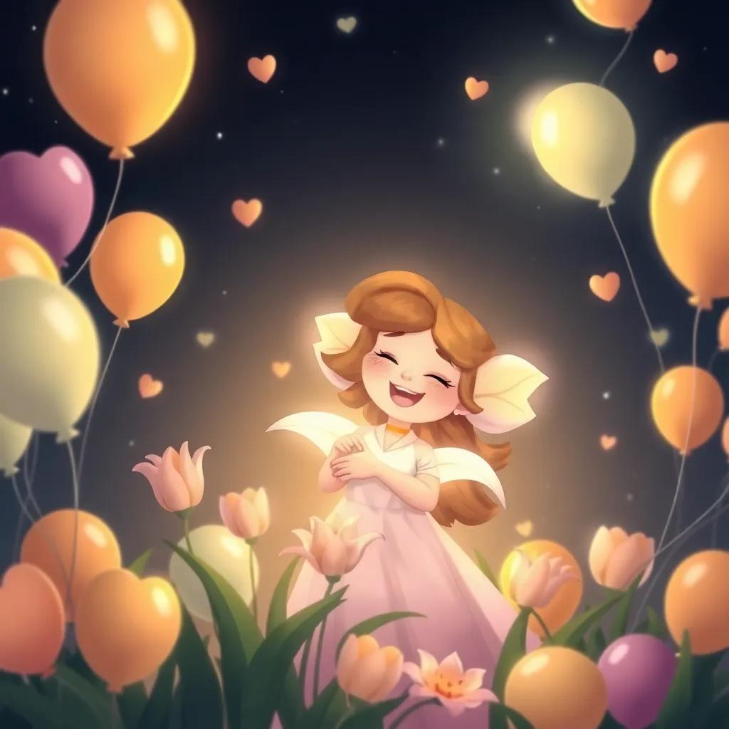 Lily surrounded by balloons, sharing warm hugs and laughter, under the moonlight, creating a cozy atmosphere filled with friendship, magical and dreamy, nice illustration