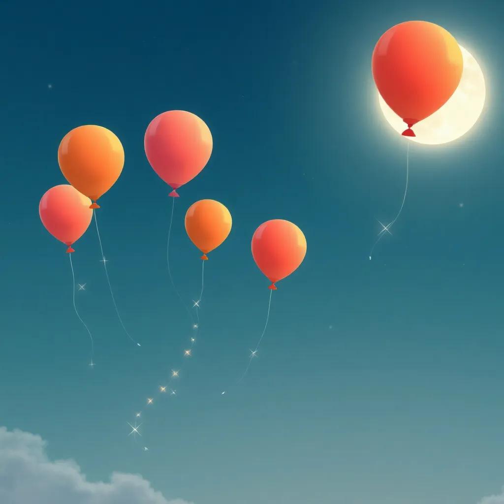 A group of balloons floating away into the night sky, leaving sparkling trails behind them, with a light and joyful feeling, a bright moon shining, whimsical and cute art