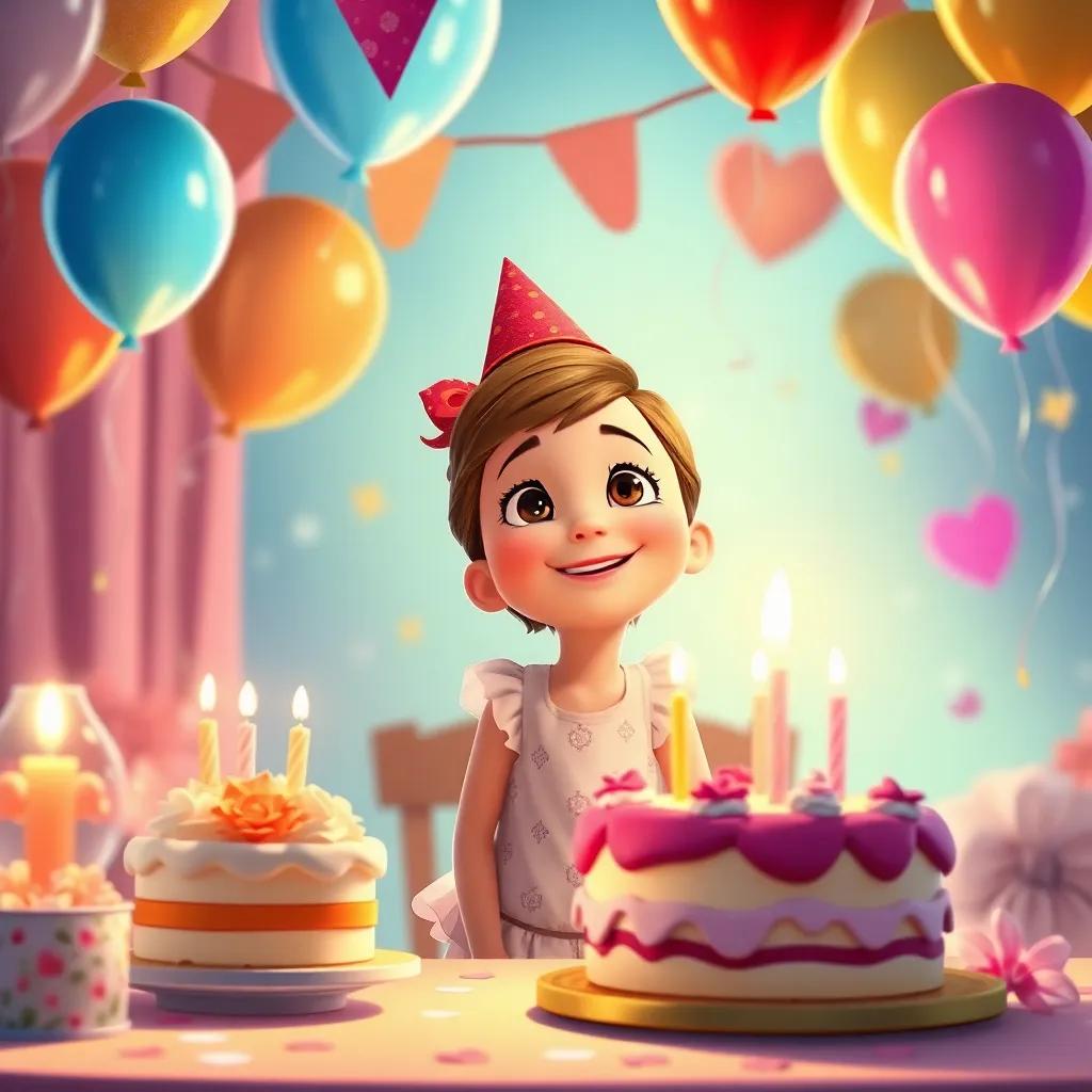 Lily watching the balloons leaving, with a joyful expression, surrounded by the decorations and cake, a heartwarming scene showing happiness and magic, enchanting art style, bright colors