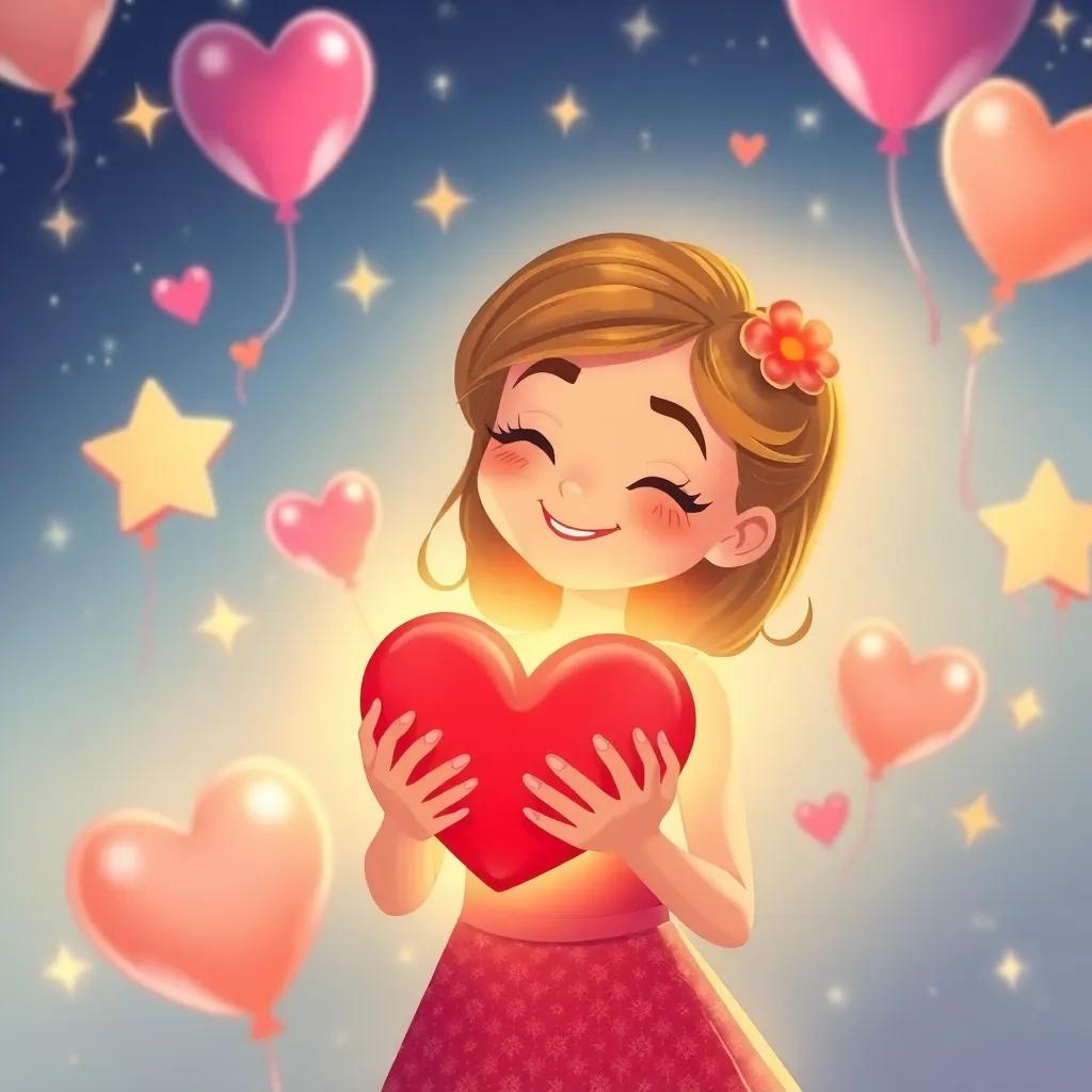 An illustration of Lily holding her heart full of joy, with a warm glow around her, symbolizing friendship and magic, surrounded by stars and sparkling balloons in the background, dreamy and cheerful art style