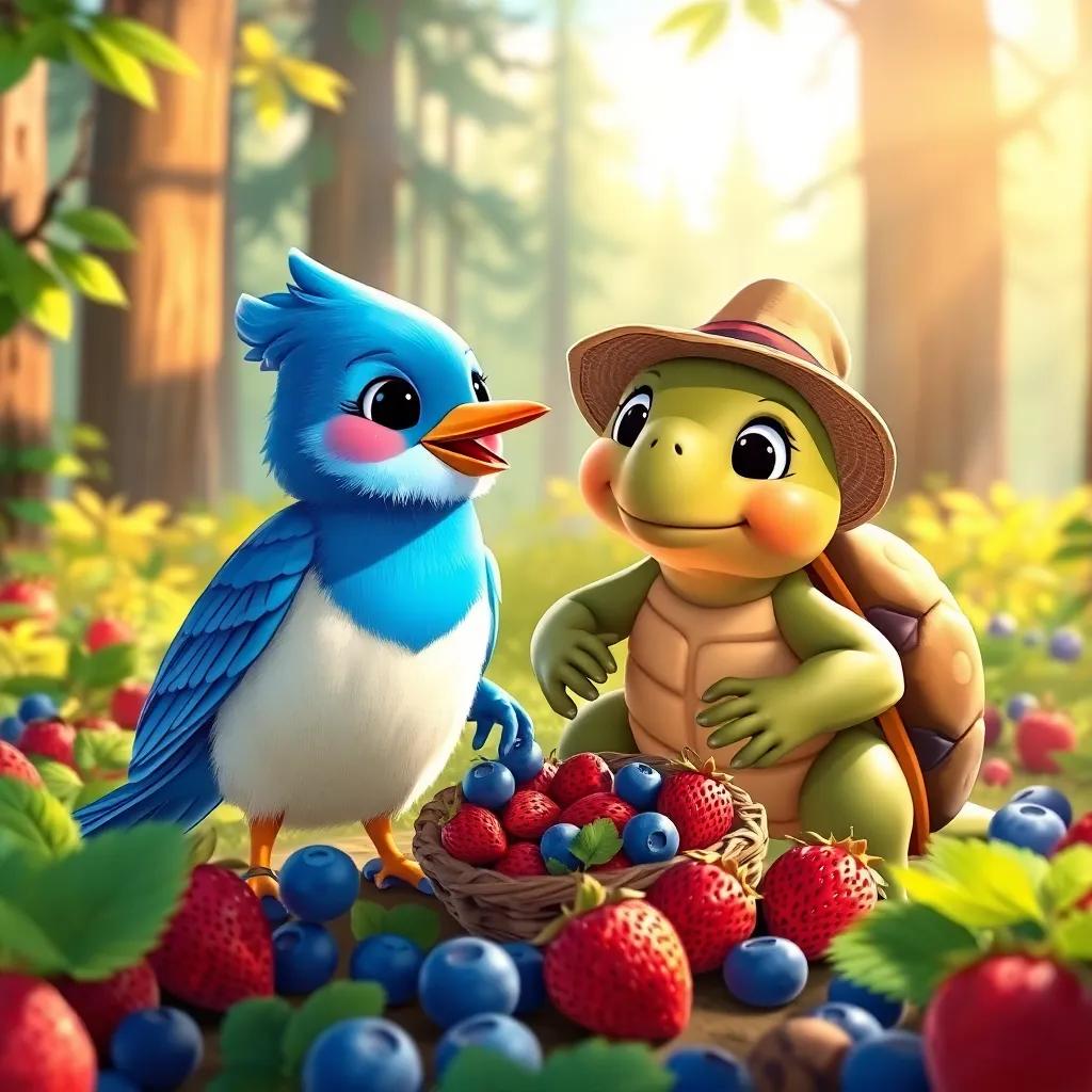 Benny the bluebird and Timmy the turtle, gathering fresh berries in the forest, strawberries and blueberries in sight, warm sunlight filtering through the trees, illustration, cheerful, adventure-themed, friendly