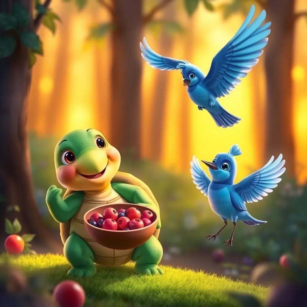 Timmy the turtle holding a bowl of berries with a smile, while Benny the bluebird flaps his wings excitedly, surrounded by the glowing forest, whimsical style, soft light, child-friendly, bright colors