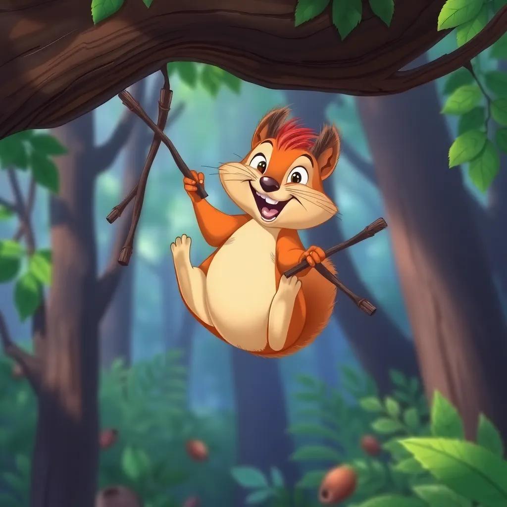 Freddy the squirrel hanging upside down from a tree branch, gathering sticks and nuts with a big grin, playful forest scene, illustration, vibrant colors, lively feel