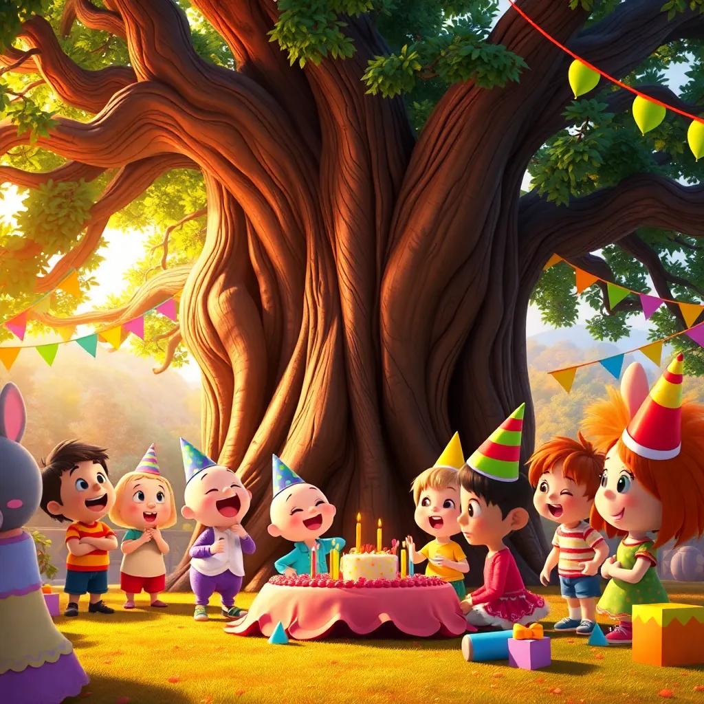 All of Benny's friends gathered under a big oak tree, preparing for the birthday party with excitement, colorful decorations everywhere, cheerful, warm lighting, joyful atmosphere