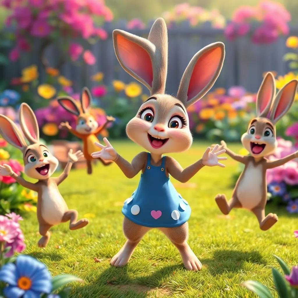 Lily the rabbit, surprised and happy, surrounded by Benny, Timmy, and Freddy as they jump out to celebrate, colorful garden in the background, lively and magical scene, heartwarming