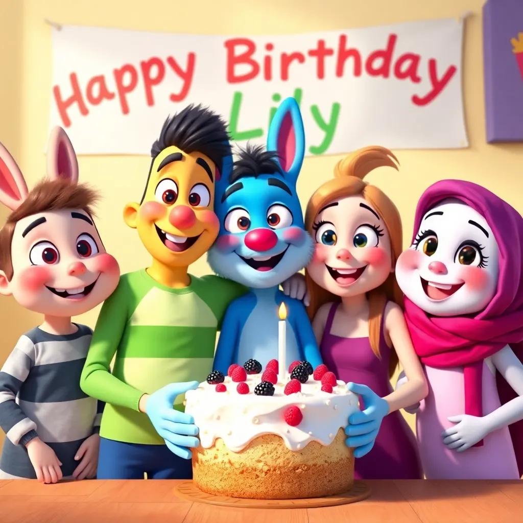 Benny and his friends posing together, holding freshly baked cake with berries, a banner saying 'Happy Birthday Lily' in the background, bright and colorful, cheerful expressions, lively setting