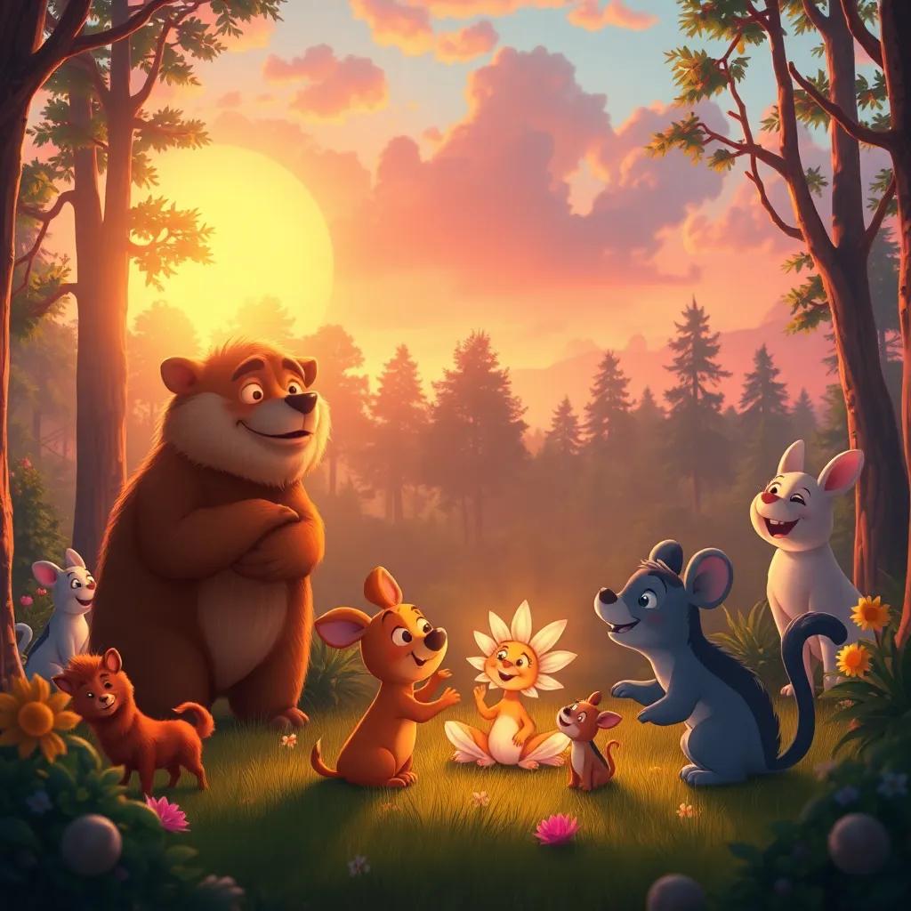 A beautiful sunset in the forest with all the animals happily playing games around Lily, laughter in the air, magical and inviting atmosphere, illustration, vibrant colors, joyful scene