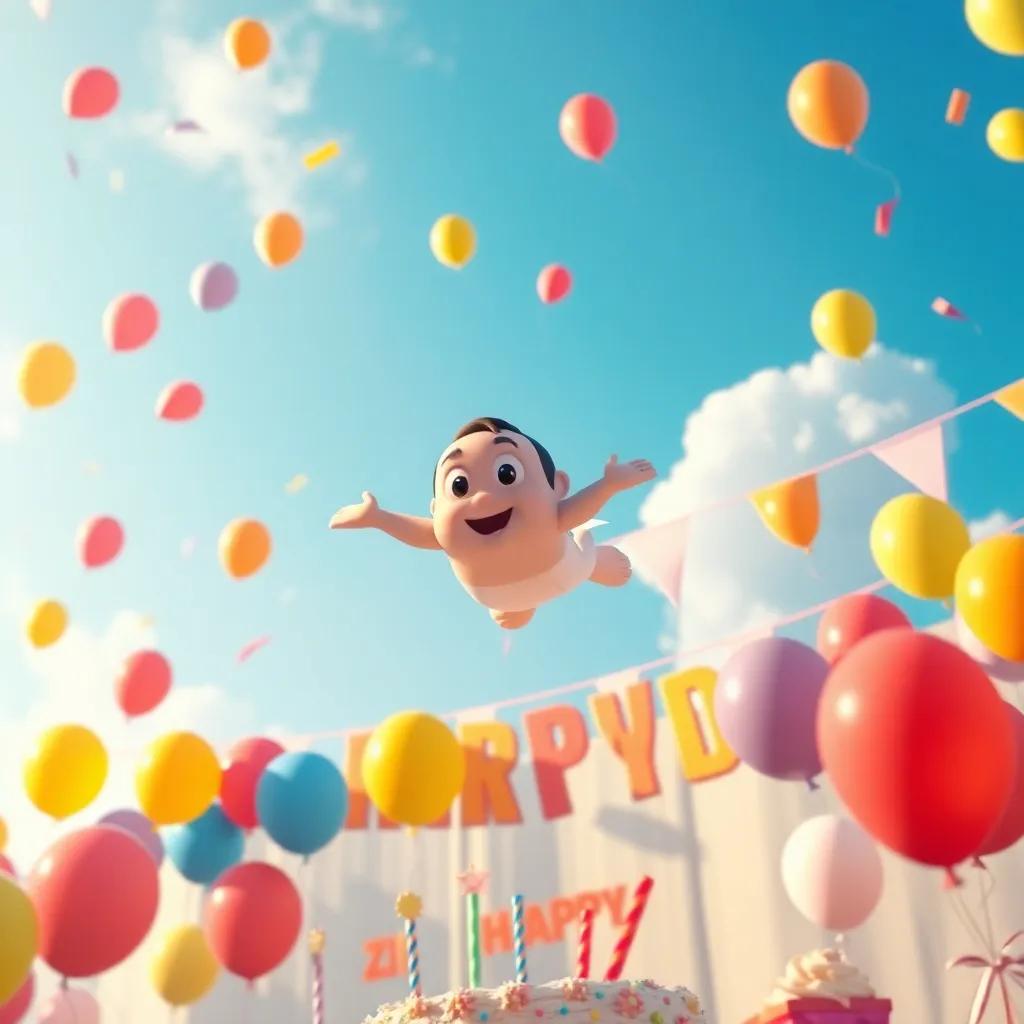 Benny flying high in the sky, looking down at the happy birthday party below, colorful balloons and decorations, dreamy atmosphere, vivid colors, uplifting