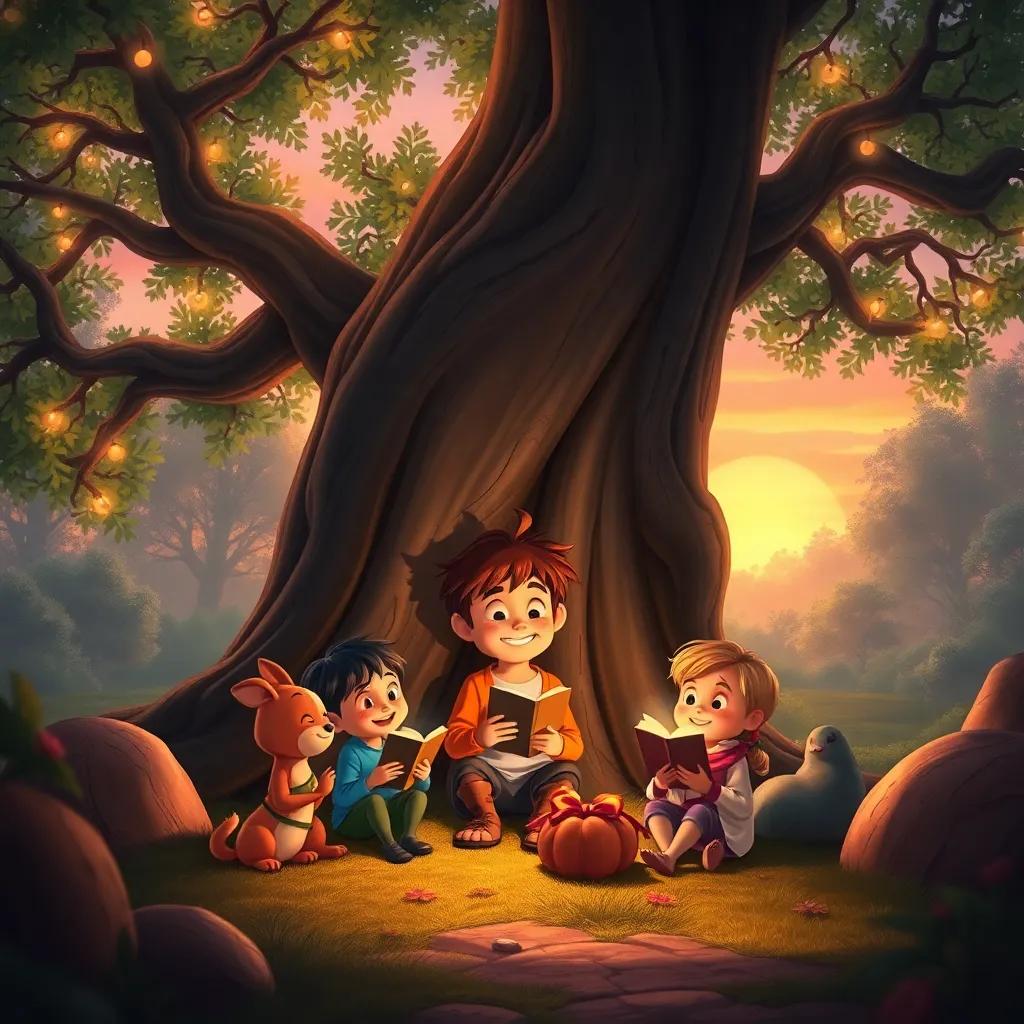 A heartwarming scene of Benny and his friends sharing stories under the oak tree, surrounded by magical forest, a soft glow all around, fantasy theme, beautiful sunset backdrop, rich colors 