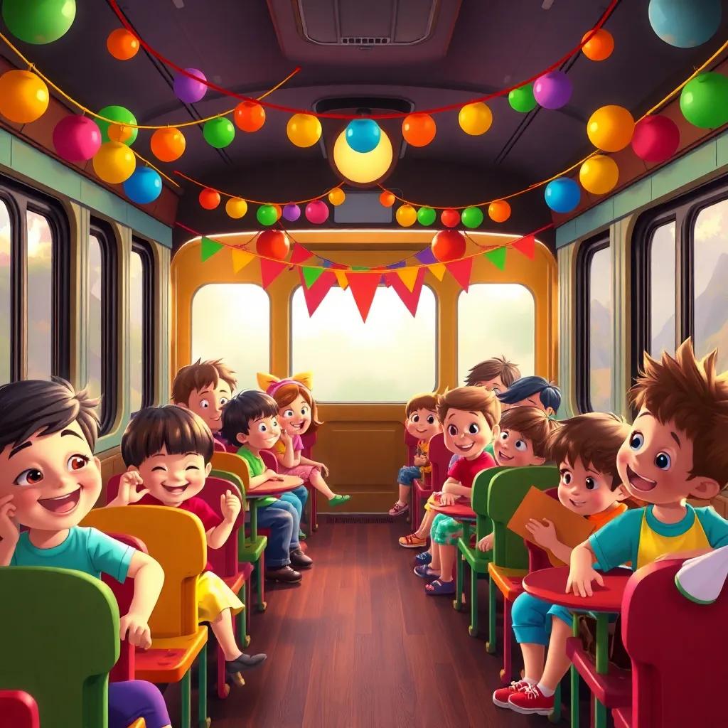A fun and lively party scene inside the train, filled with children playing musical chairs, colorful decorations, happy faces, digital painting, cheerful imagery