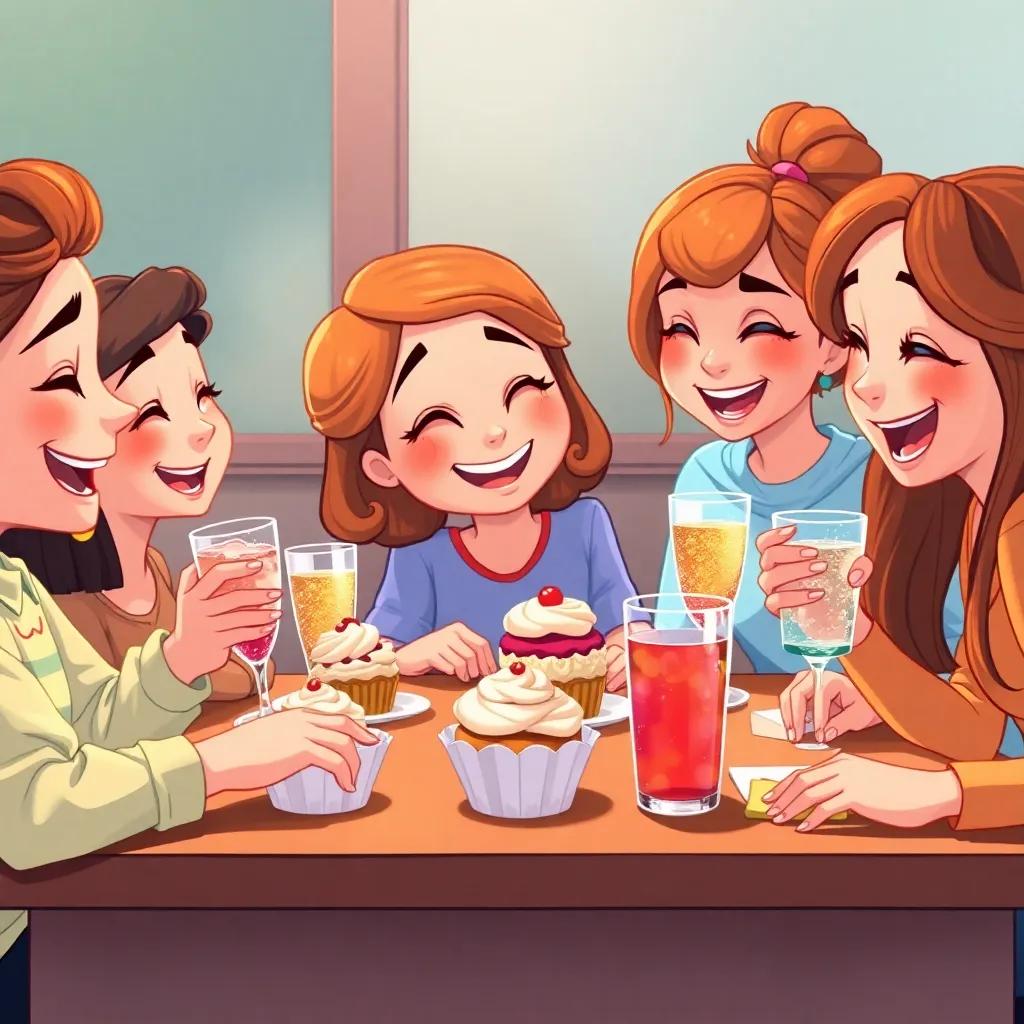 Amy and her friends enjoying delicious snacks at a table, with cupcakes and fizzy drinks, laughter and joy around, warm colors, friendly atmosphere, illustration