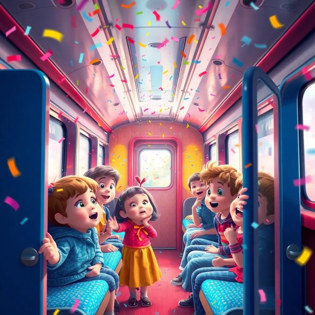 A magical confetti shower inside the train, colorful confetti falling from above while kids look surprised and delighted, bright and festive, high quality