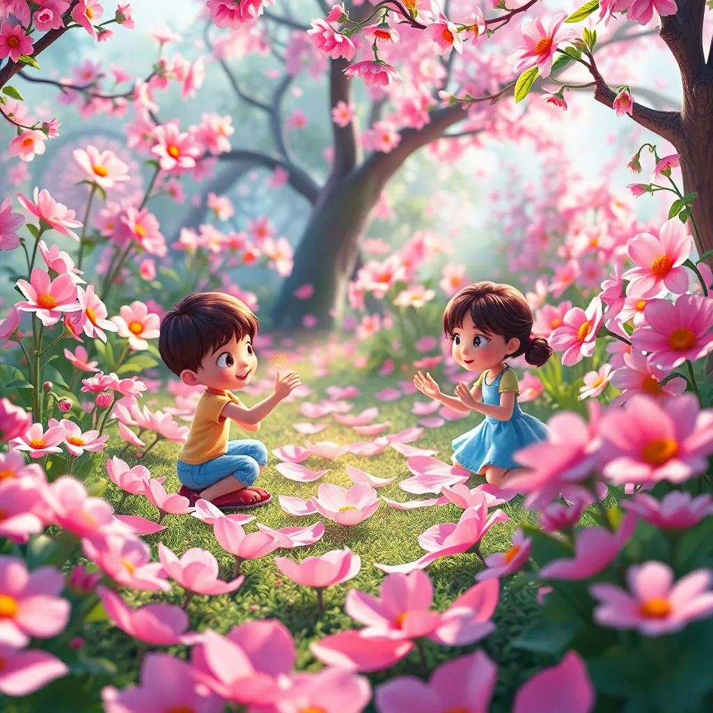 A secret garden full of enchanting flowers, with children making wishes on pink petals, bright colors, whimsical scene, delightful atmosphere