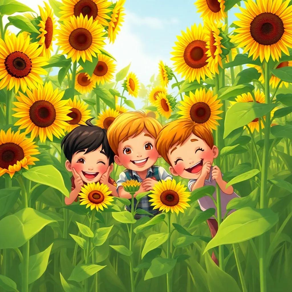 Children playing hide and seek among tall sunflowers in a lush garden, joyful expressions on their faces, warm sunlight, vibrant illustration