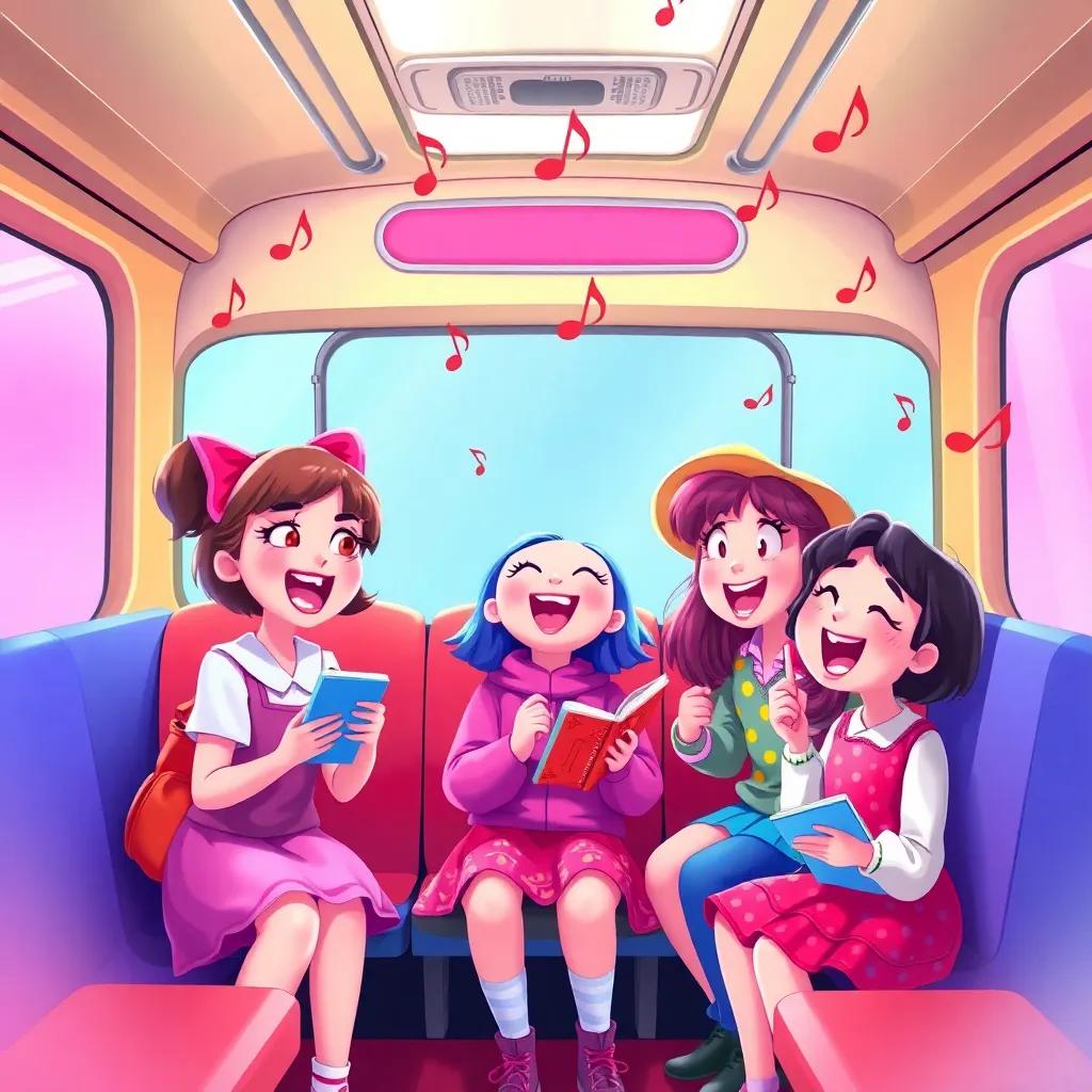 Amy and her friends singing together joyfully on the train, with musical notes floating around, colorful background, fun and happy scene, digital artwork