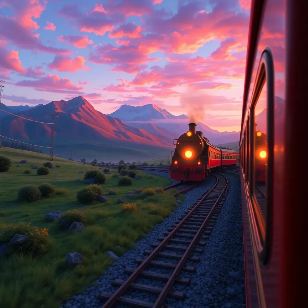 The train traveling through a beautiful landscape, with vivid colors of sunset reflected on the train, heartwarming imagery, friendly and magical essence