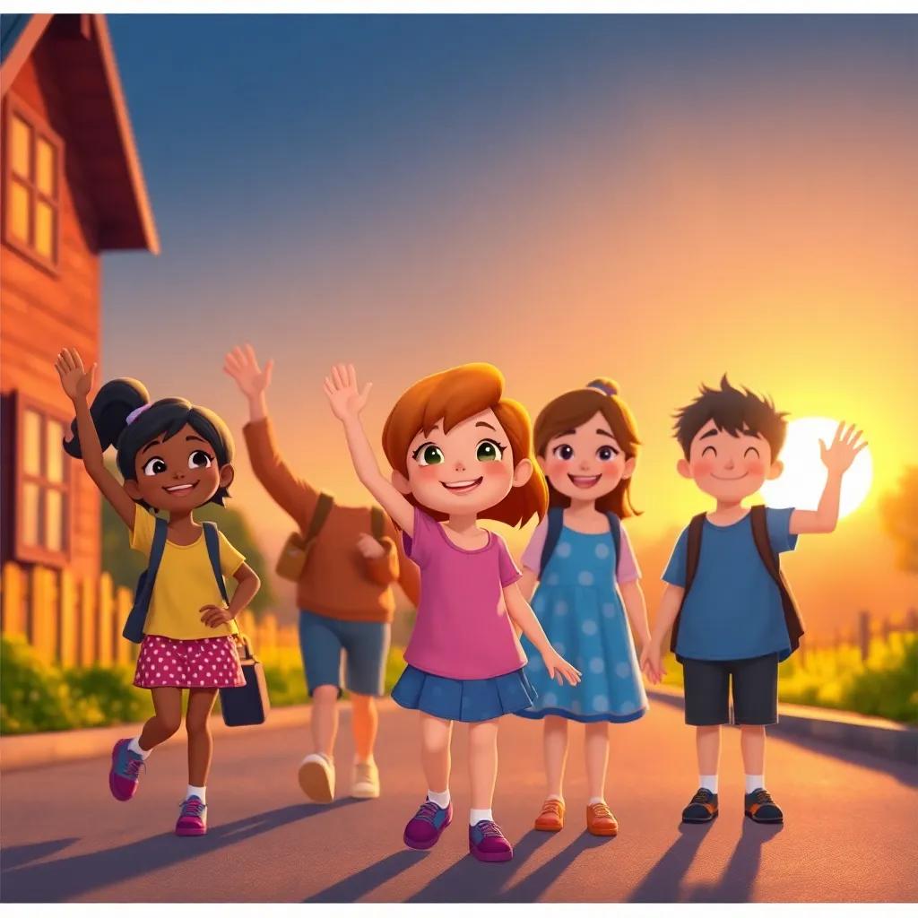 Amy, with her friends, waving goodbye as they return home, the sun setting in the background, cheerful expressions, warm colors, heartwarming ending