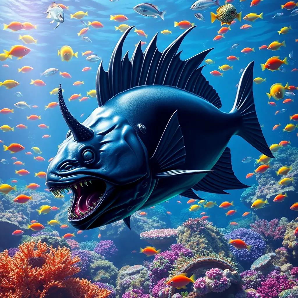 A giant Black Devil Fish, with dark glossy skin and sharp fins, roaring in a vibrant coral reef, surrounded by colorful fish, digital art, bright colors, lively underwater scene, high quality