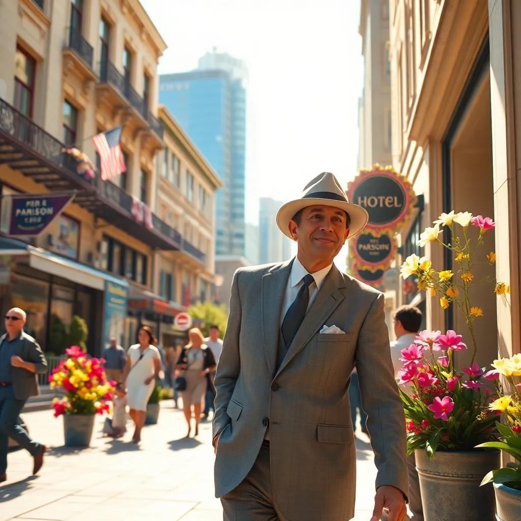 A sunny spring day in a bustling city street, Mr. Parsons in a gray suit and hat exiting from a hotel, vibrant flowers and people around, digital art, warm sunlight, inviting colors, high quality