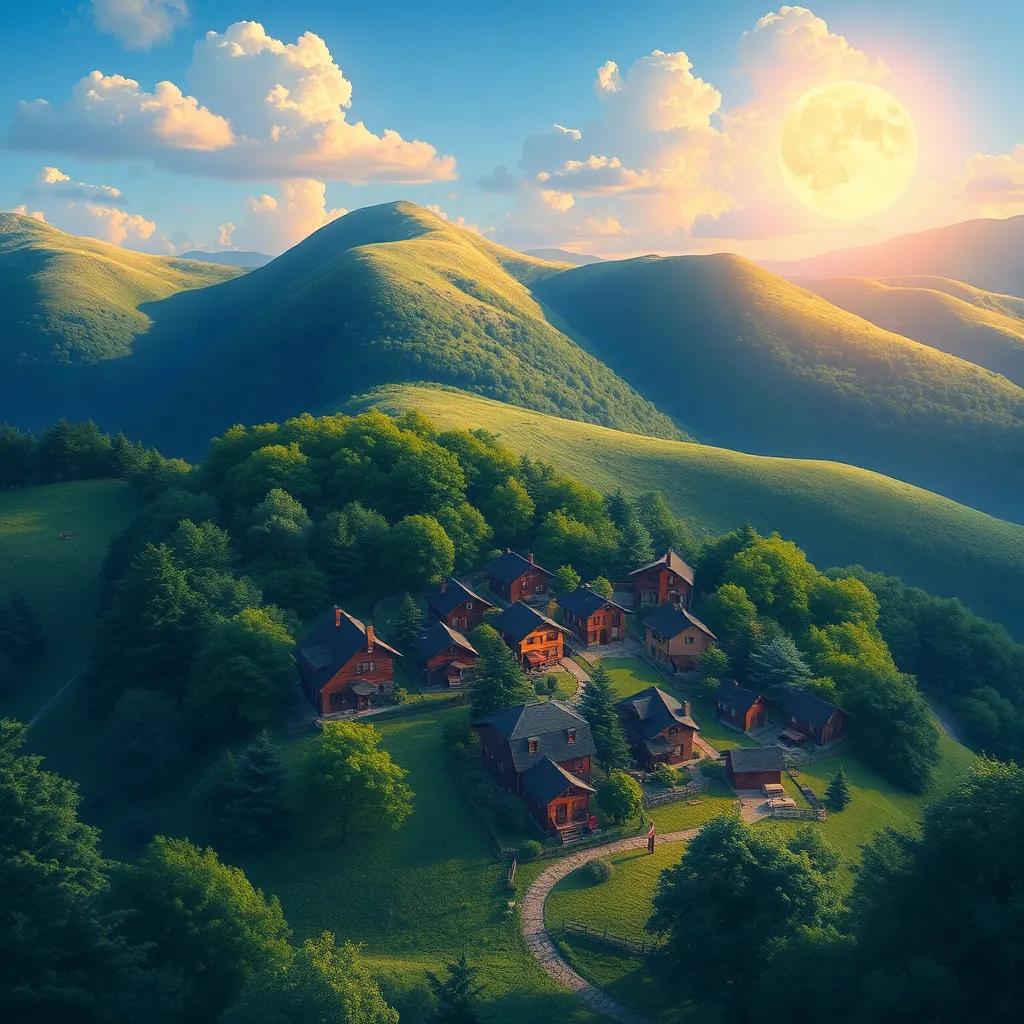A small village nestled between rolling hills, with vibrant green trees and cozy houses, depicting a warm atmosphere, digital painting, thoughtful and serene, bright colors, inviting scene, high quality