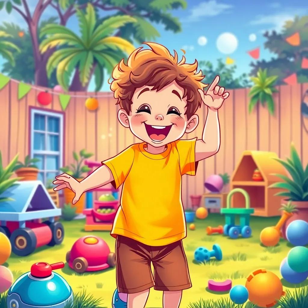 A lively young boy, Ben, with short curly hair wearing a bright t-shirt and shorts, playing joyfully in his backyard filled with toys and laughter, cheerful setting, colorful illustration, high quality