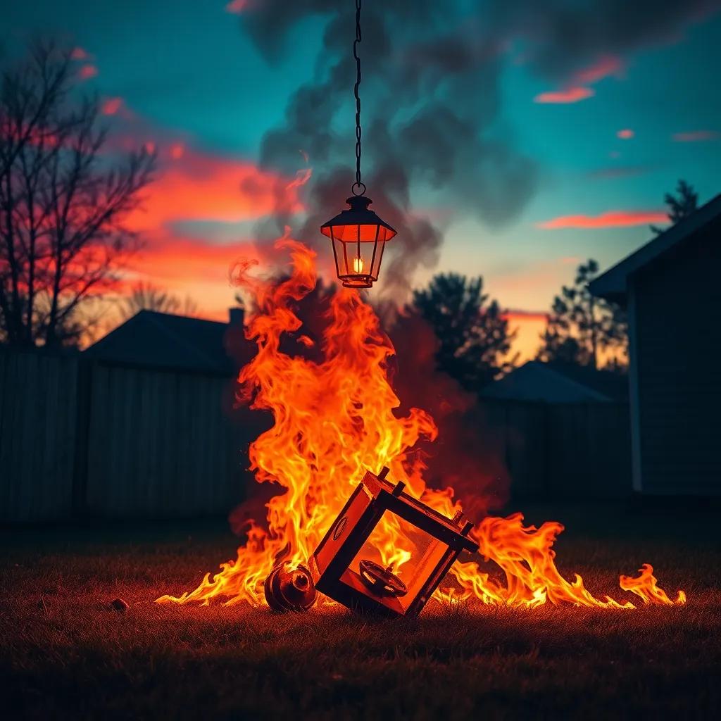 A dramatic scene of flames spreading from a fallen lantern in a backyard, smoke rising into the evening sky, capturing the urgency and danger, digital art, vivid colors, high quality