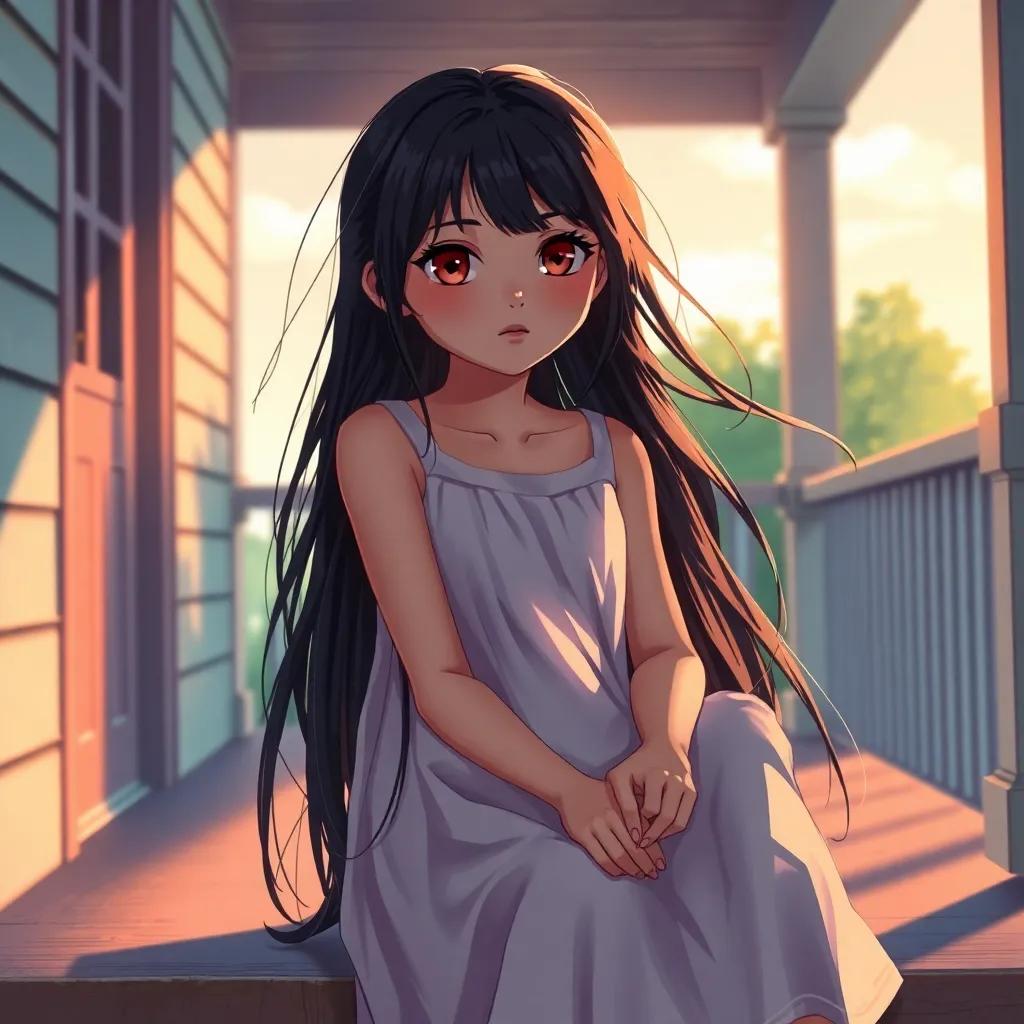 A young blind girl, Lily, with long, dark hair and wearing a simple, flowing dress, sitting on her porch with a determined expression, the warm breeze surrounding her, digital art, calm and serene, vibrant colors, high quality