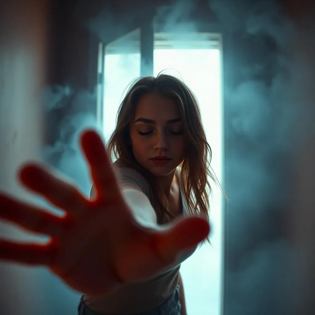A close-up of Lily reaching out toward the door in a smoky room, waves of heat and smoke surrounding her, eyes closed and focused, capturing her bravery and strength, digital art, emotional tone, high quality