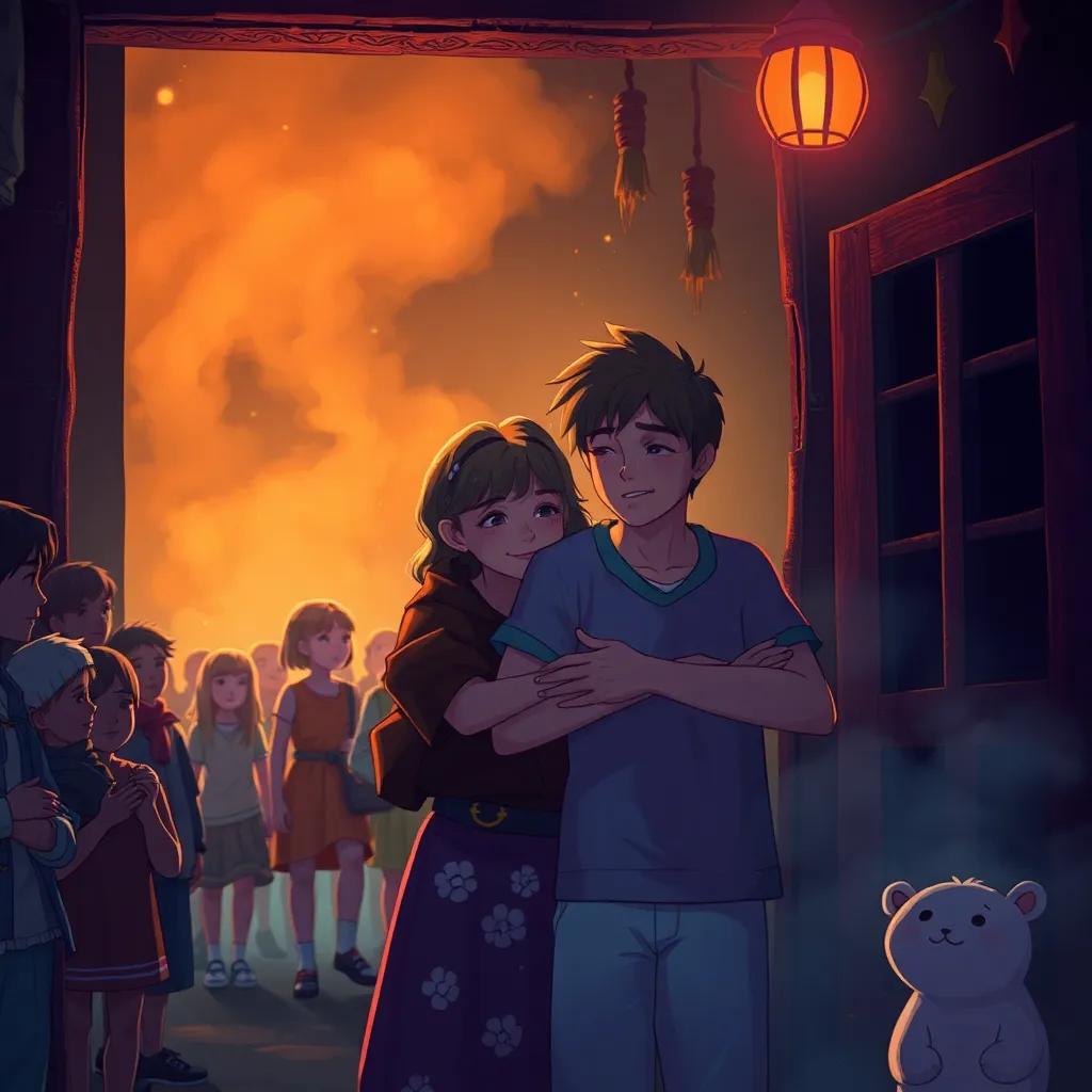 A tense scene showing Lily and Ben escaping a smoky house into the fresh night air, Ben in Lily’s embrace, both looking relieved and grateful, surrounded by villagers, heartwarming atmosphere, digital art, vibrant colors, emotional quality, high quality