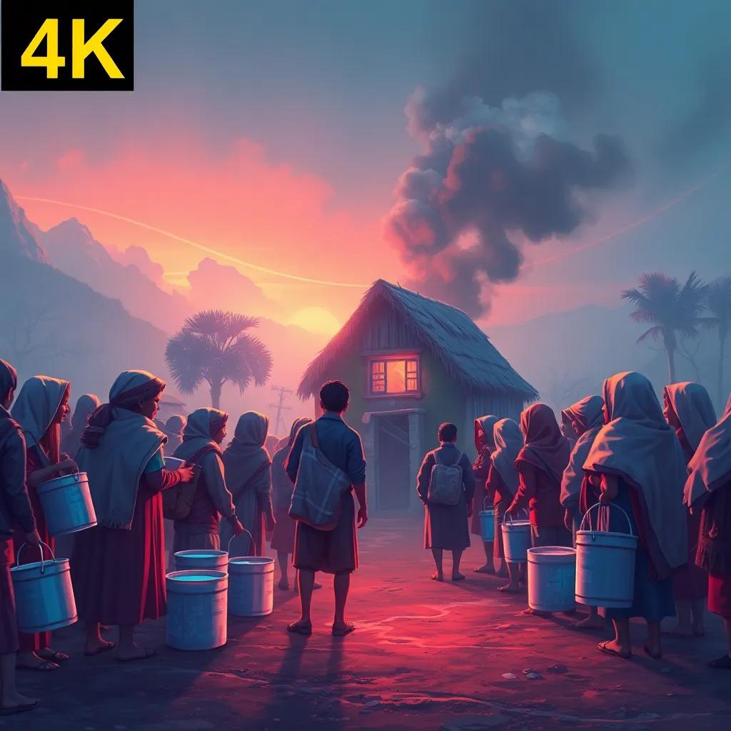 A view of villagers with buckets of water and blankets, gathered around a small house with smoke rising from a window, showing concern and teamwork, digital art, warm colors, strong community feel, high quality