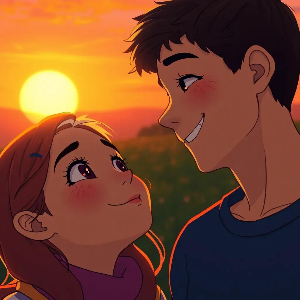 A close-up of Lily with Ben looking up at her in gratitude, both with smiles, the backdrop of a glowing sunset, depicting kindness and friendship, digital art, warm and bright colors, heartwarming scene, high quality