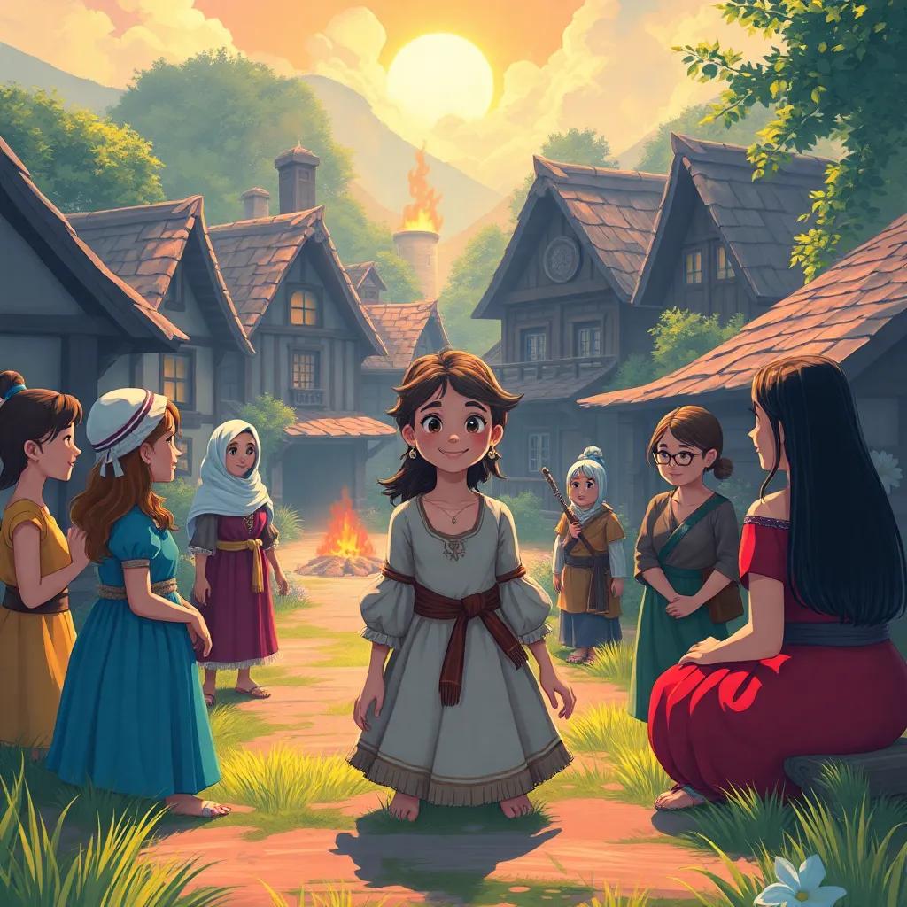 A serene village scene after the fire, where villagers talk and share stories of bravery, showing Lily at the center with a smile, digital painting, cheerful and uplifting, vibrant colors, high quality