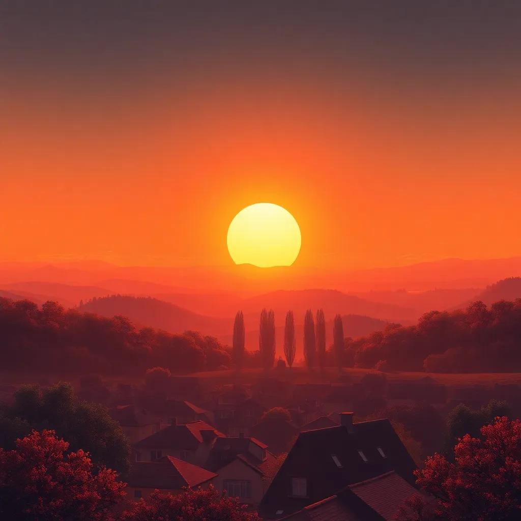A magical sunset over the village, with hills rolling into the horizon, symbolizing hope and new beginnings, digital art, warm tones, peaceful scene, high quality