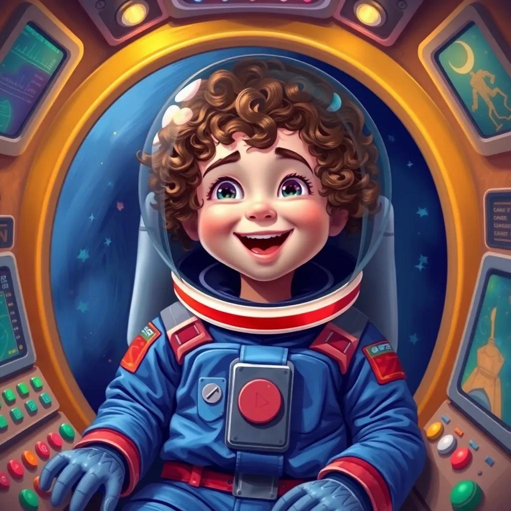 A little astronaut, Leo, with curly brown hair, wearing a bright blue space suit, smiling excitedly in his cozy space pod with colorful buttons and screens, cheerful atmosphere, digital art, vibrant colors, inviting scene, high quality