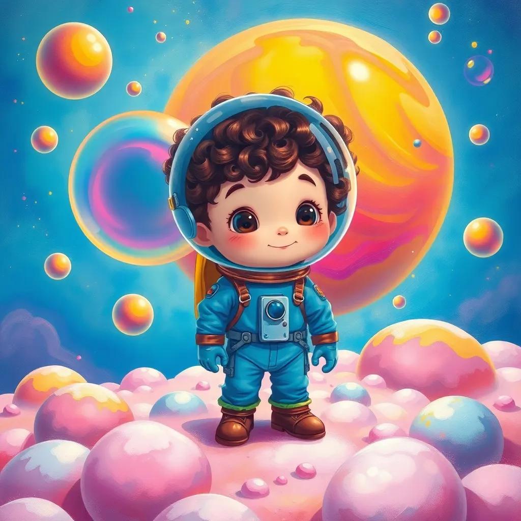 A little astronaut, Leo, with curly brown hair in a bright blue space suit, standing on a soft, marshmallow ground of a bubbling planet, surrounded by giant colorful bubbles and bright skies, illustration, cheerful and magical, adventure-themed, child-friendly