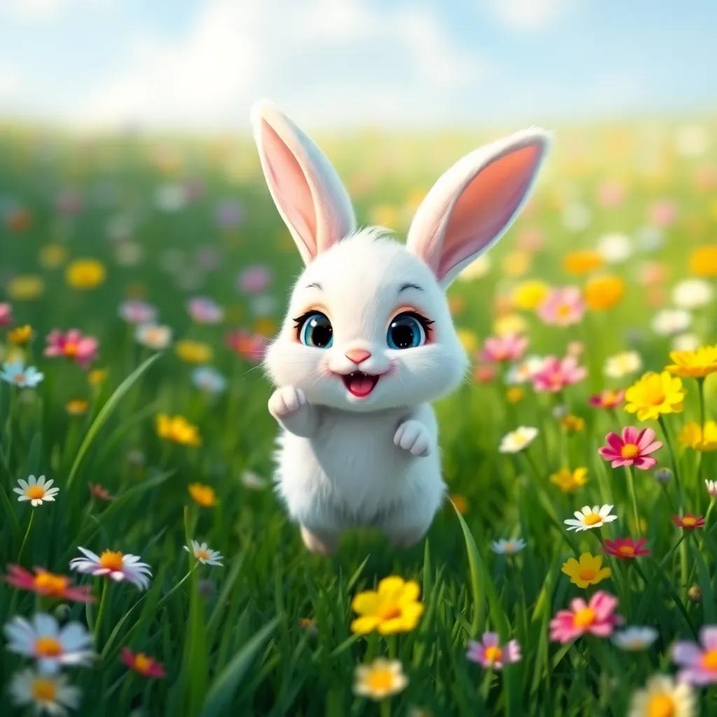 A small, round baby bunny named Benny, with fluffy white fur and big blue eyes, hopping excitedly in a vibrant green meadow filled with colorful flowers, digital art, cheerful atmosphere, bright colors, high quality
