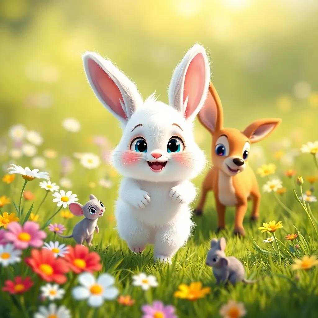 Benny, the baby bunny, with fluffy white fur and big blue eyes, happily bouncing around with Daisy, a young brown deer, and Max, a tiny gray mouse, in a sunny meadow, colorful flowers, fun and playful scene, digital illustration, inviting light, vibrant colors