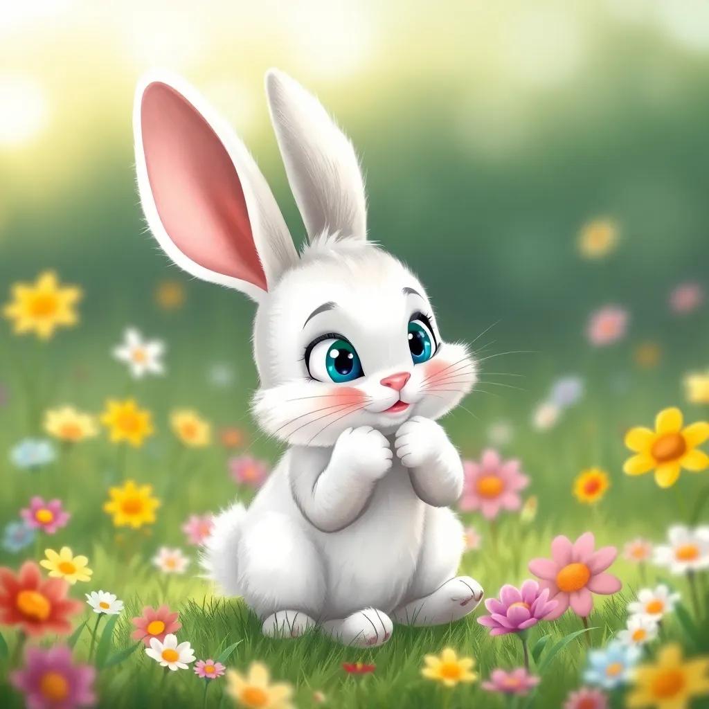 Benny, the baby bunny, with fluffy white fur and big blue eyes, taking a deep breath before bouncing, surrounded by colorful flowers and grass, looking a bit nervous but determined, charming illustration, soft colors, whimsical style, heartwarming