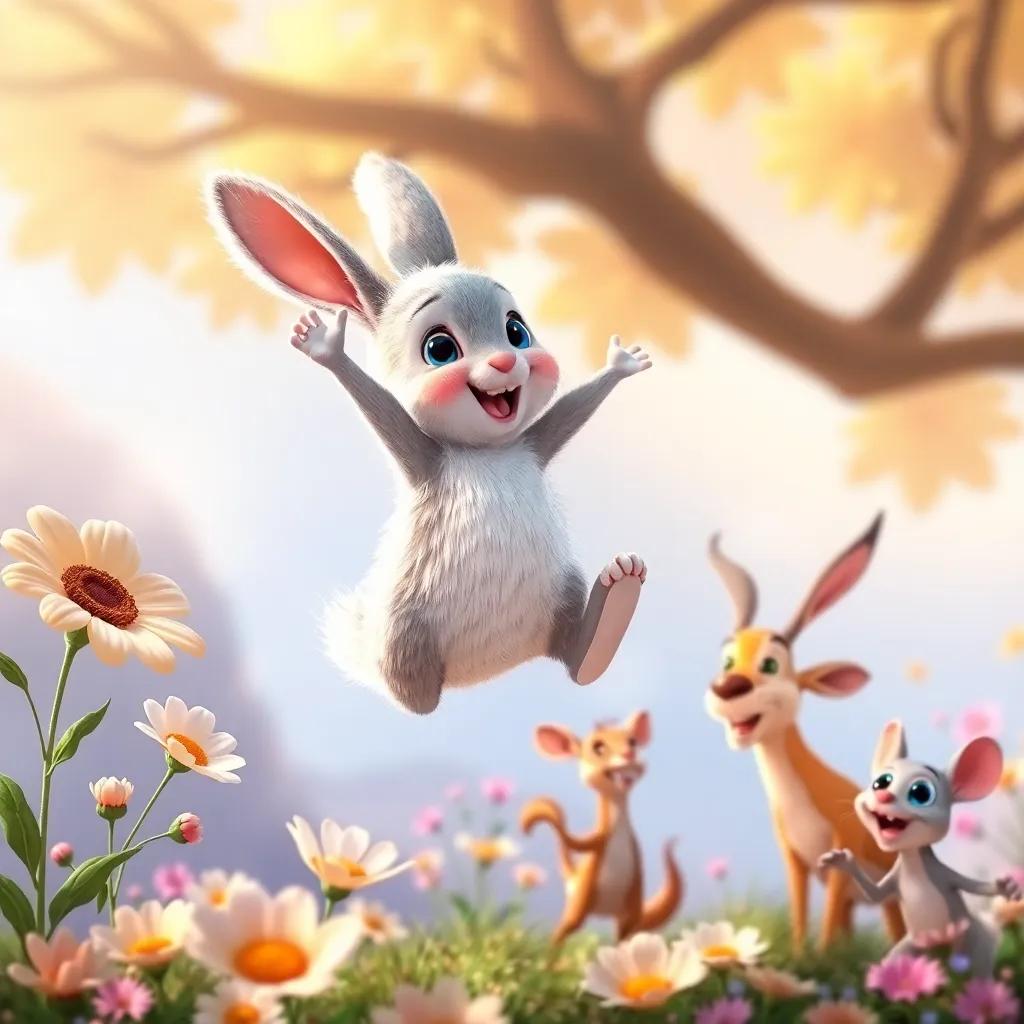 Benny, the baby bunny, with fluffy white fur and big blue eyes, jumping high in the air, soaring above flowers, with Daisy the deer and Max the mouse cheering below, dynamic, joyful scene, bright colors, adventurous vibe