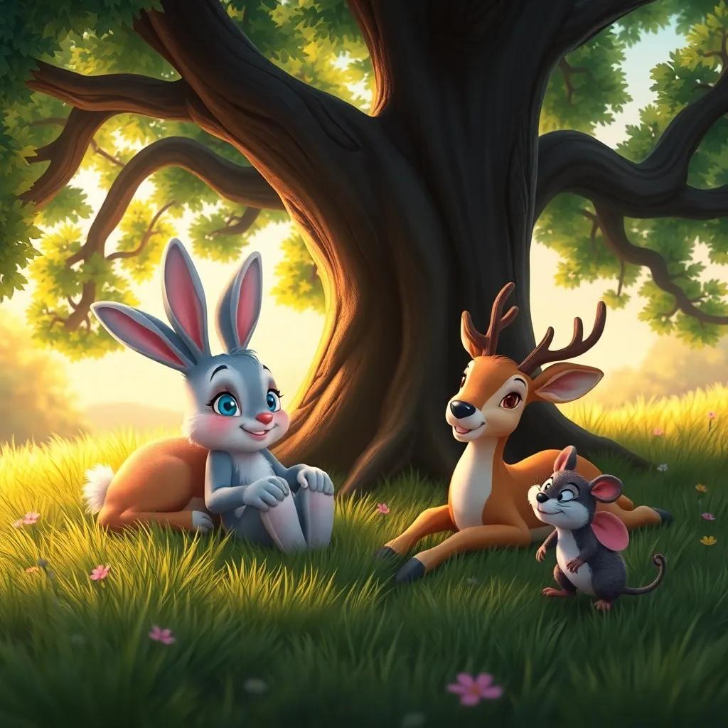 Benny, the baby bunny, relaxing under a big oak tree with Daisy the deer and Max the mouse, smiling and lying on the soft grass, warm evening light, peaceful atmosphere, vibrant colors, playful style