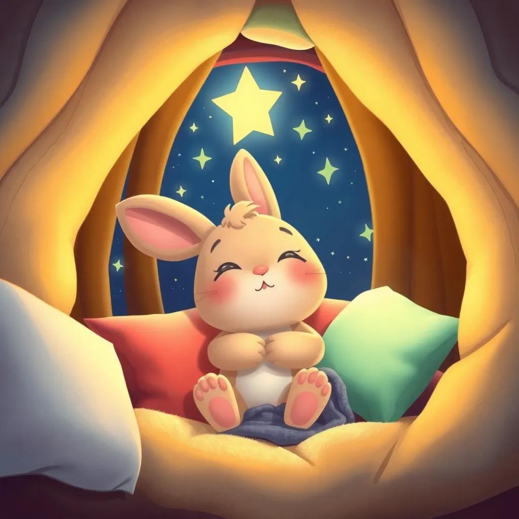 Benny, the baby bunny, dreaming at night in his cozy burrow, surrounded by soft pillows and a little blanket, with sparkling stars outside the window, magical, heartwarming, colorful illustration, inviting light, cozy atmosphere