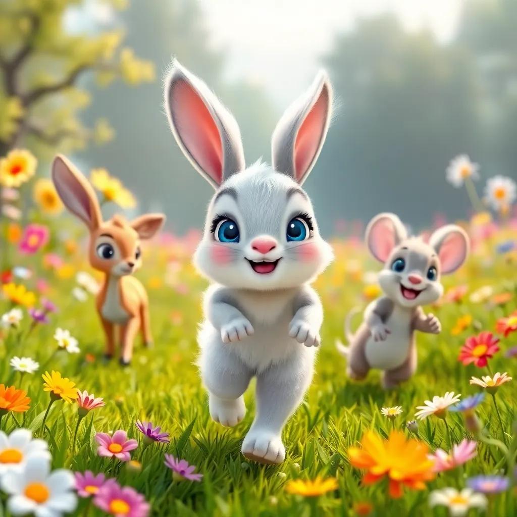 Benny, the baby bunny, with fluffy white fur and big blue eyes, leading the way as they bounce together in the meadow, with Daisy the deer and Max the mouse following joyfully, colorful flowers around, dynamic scene, happy colors, delightful vibe