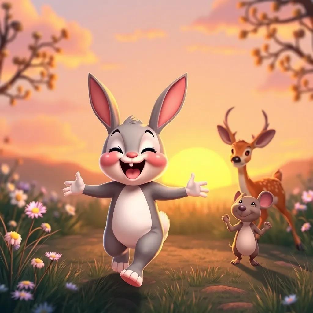 Benny the baby bunny, excited and joyful, with Daisy the deer and Max the mouse, returning home at sunset with warm light, promising more bouncing adventures, bright colors, enchanting atmosphere, dreamy illustration